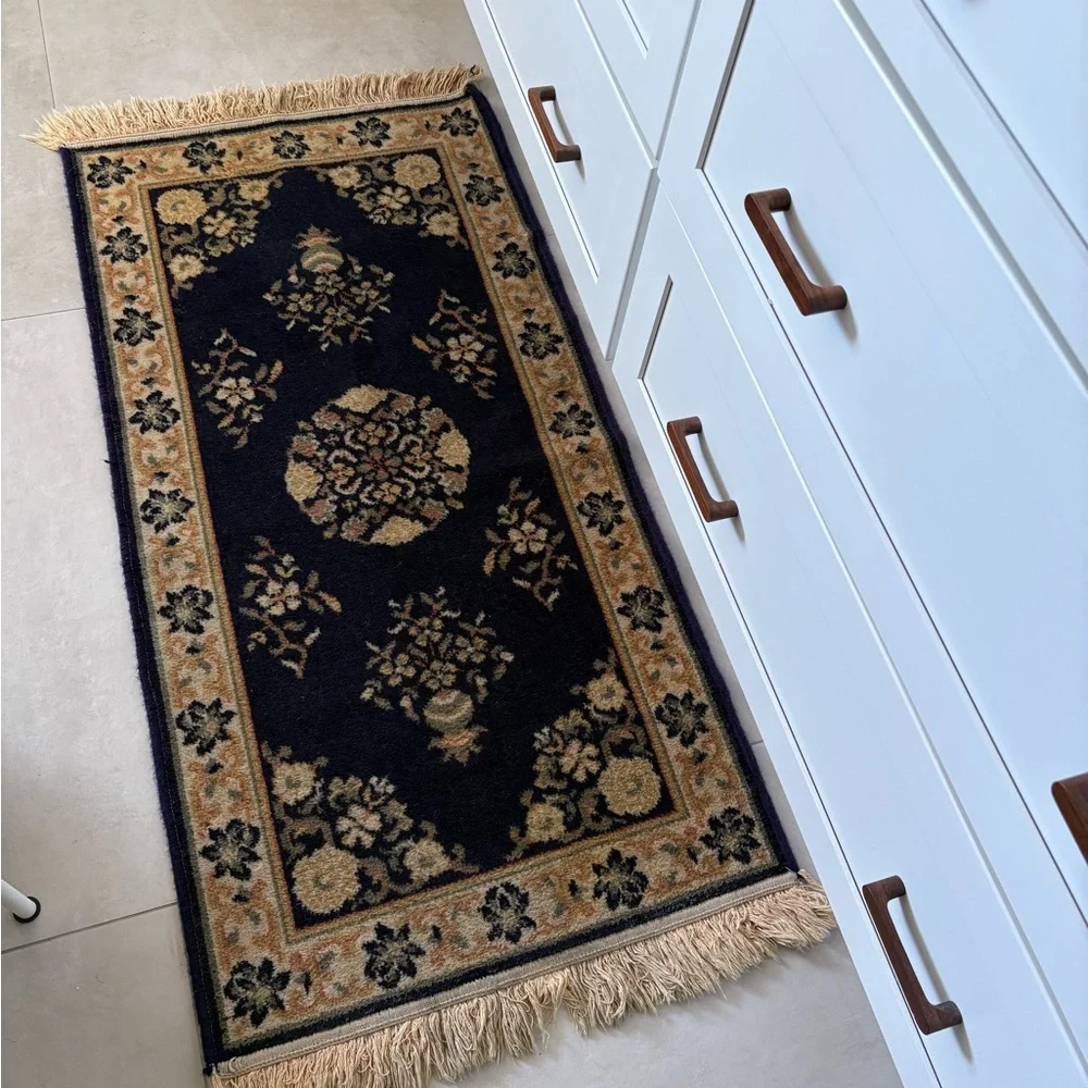 Vintage Persian Rug Elegant Navy and Cream Floral Rug